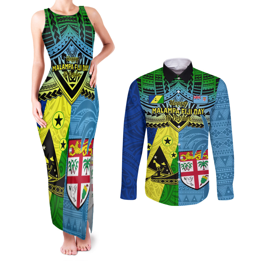 Malampa Fiji Day Couples Matching Tank Maxi Dress and Long Sleeve Button Shirts Together We Grow Proud Polynesian Tapa Artsy LT14 Blue - Polynesian Pride