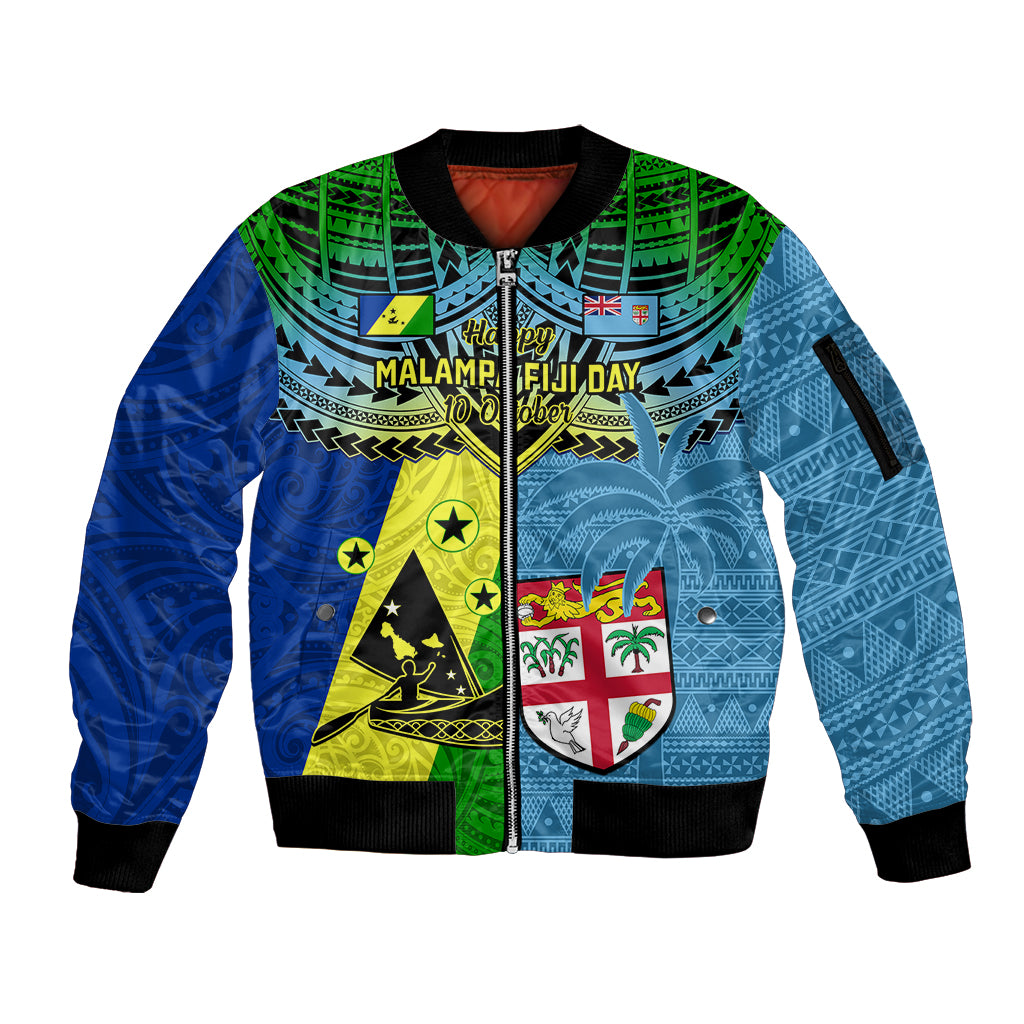 Malampa Fiji Day Sleeve Zip Bomber Jacket Together We Grow Proud Polynesian Tapa Artsy LT14 Unisex Blue - Polynesian Pride