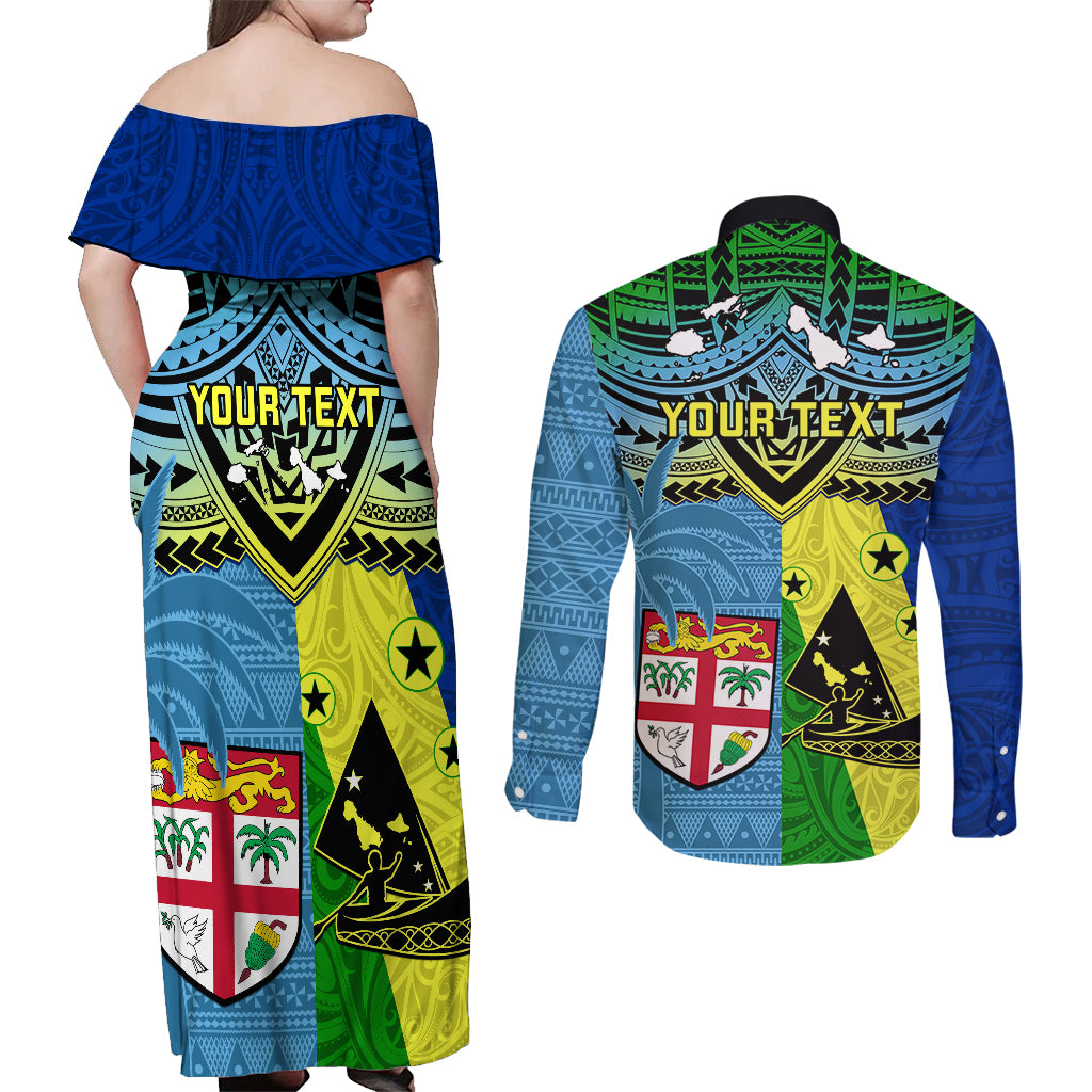 Custom Malampa Fiji Day Couples Matching Off Shoulder Maxi Dress and Long Sleeve Button Shirts Together We Grow Proud Polynesian Tapa Artsy LT14 - Polynesian Pride