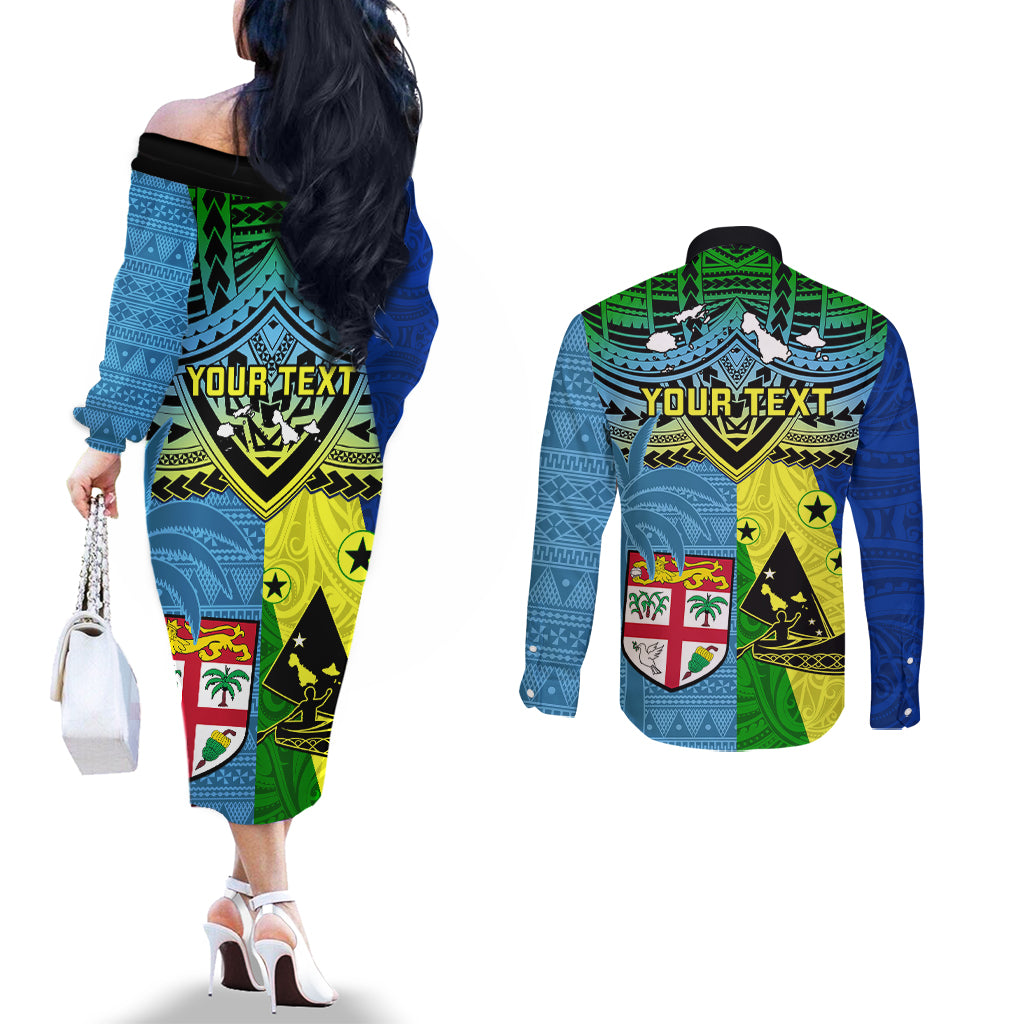 Custom Malampa Fiji Day Couples Matching Off The Shoulder Long Sleeve Dress and Long Sleeve Button Shirts Together We Grow Proud Polynesian Tapa Artsy LT14 - Polynesian Pride