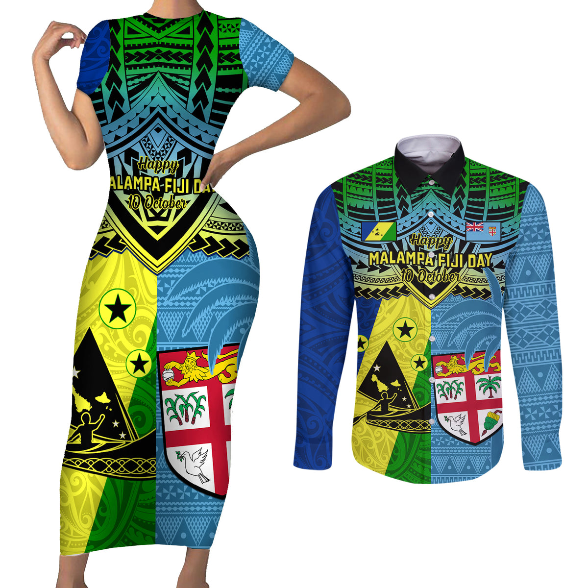 Custom Malampa Fiji Day Couples Matching Short Sleeve Bodycon Dress and Long Sleeve Button Shirts Together We Grow Proud Polynesian Tapa Artsy LT14 Blue - Polynesian Pride