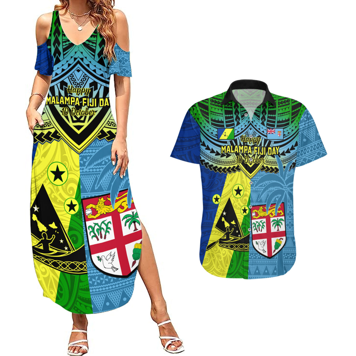Custom Malampa Fiji Day Couples Matching Summer Maxi Dress and Hawaiian Shirt Together We Grow Proud Polynesian Tapa Artsy LT14 Blue - Polynesian Pride