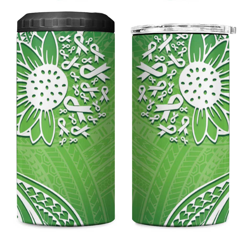 Polynesia Depression Awareness 4 in 1 Can Cooler Tumbler Sunflower Green Ribbons Polynesian Tattoo