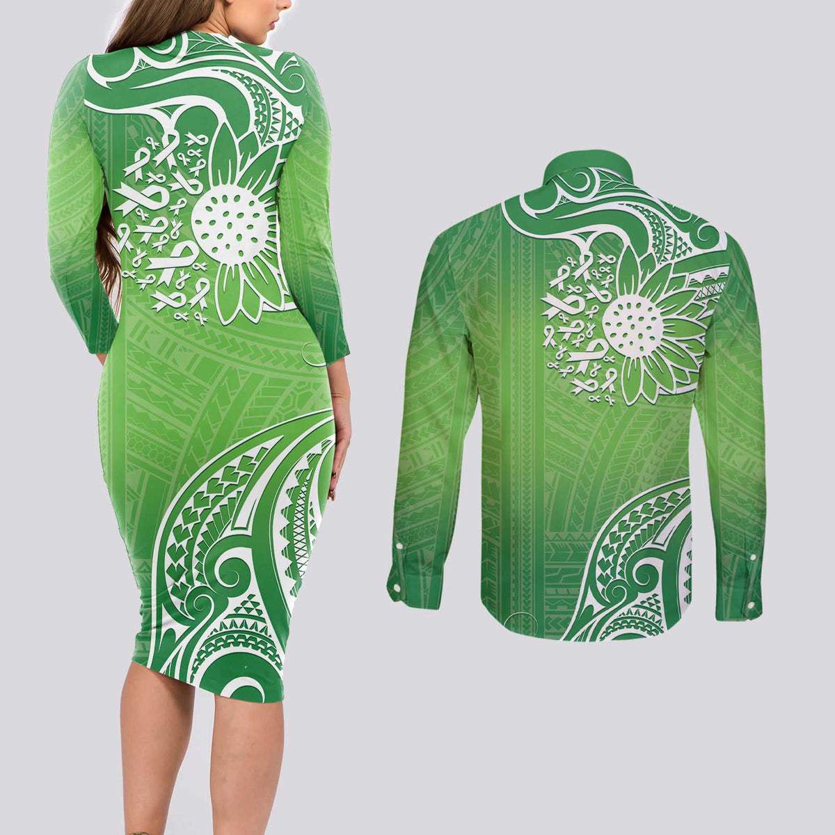 Polynesia Depression Awareness Couples Matching Long Sleeve Bodycon Dress and Long Sleeve Button Shirt Sunflower Green Ribbons Polynesian Tattoo