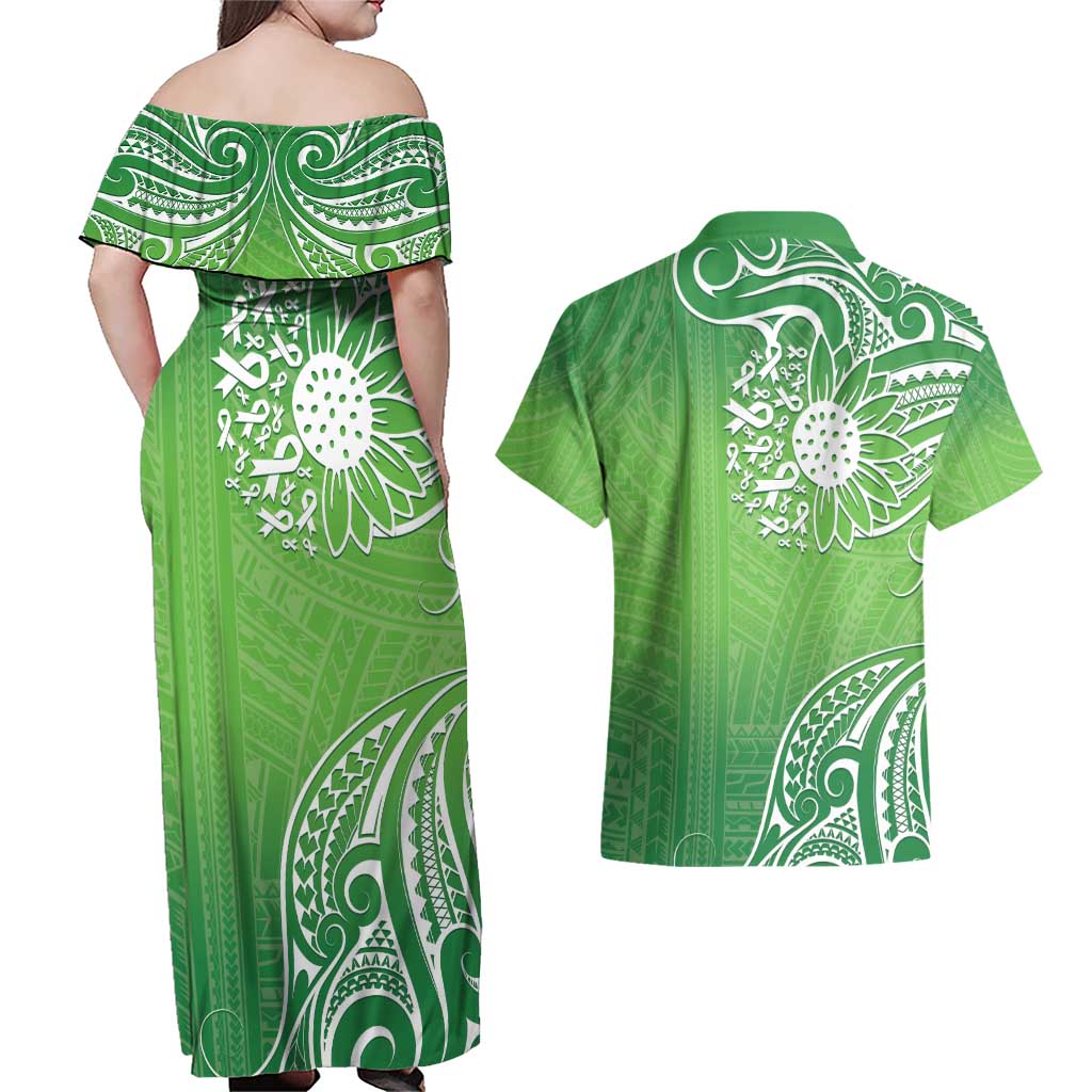 Polynesia Depression Awareness Couples Matching Off Shoulder Maxi Dress and Hawaiian Shirt Sunflower Green Ribbons Polynesian Tattoo