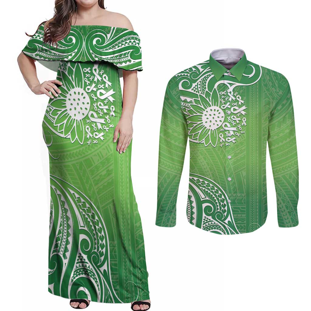 Polynesia Depression Awareness Couples Matching Off Shoulder Maxi Dress and Long Sleeve Button Shirt Sunflower Green Ribbons Polynesian Tattoo