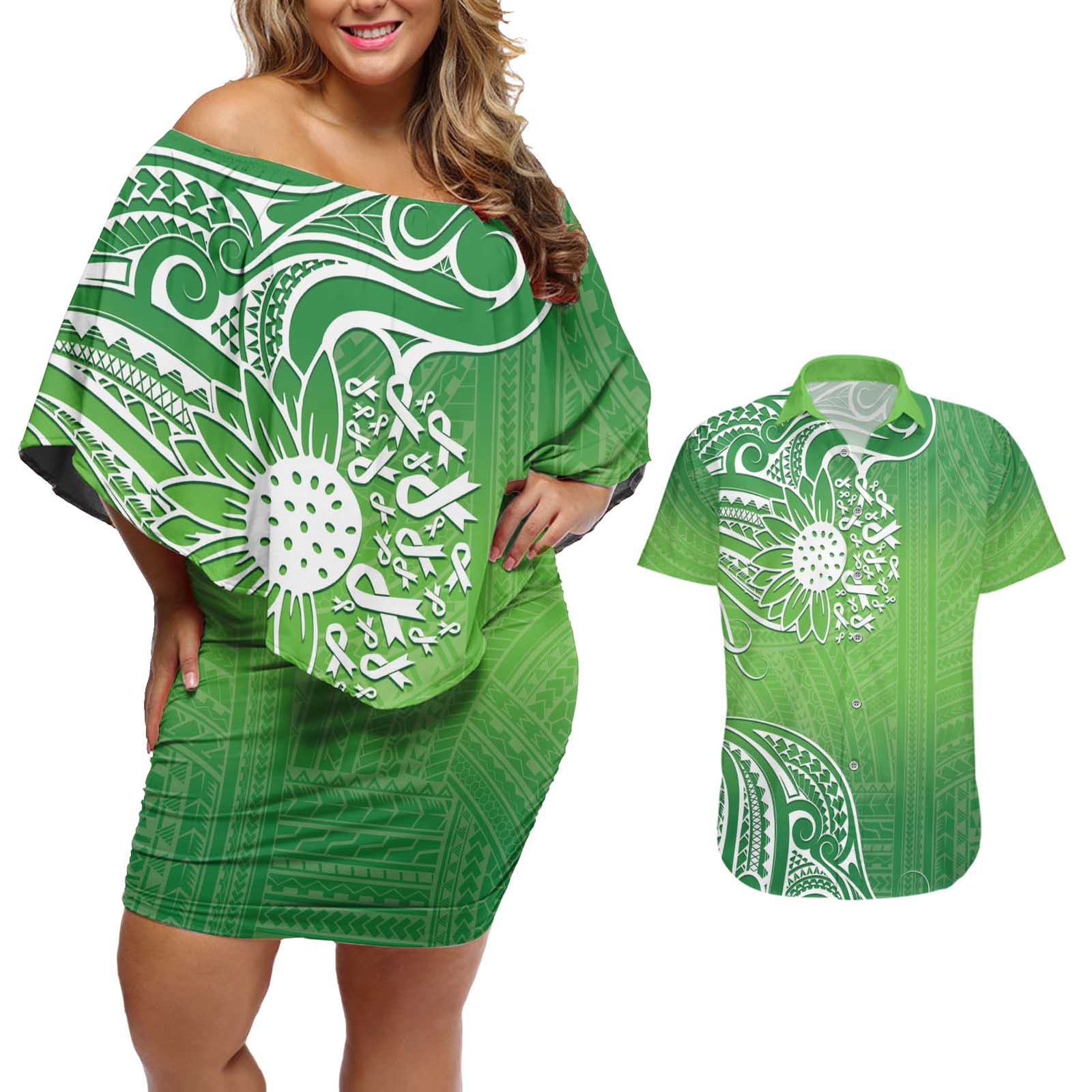 Polynesia Depression Awareness Couples Matching Off Shoulder Short Dress and Hawaiian Shirt Sunflower Green Ribbons Polynesian Tattoo