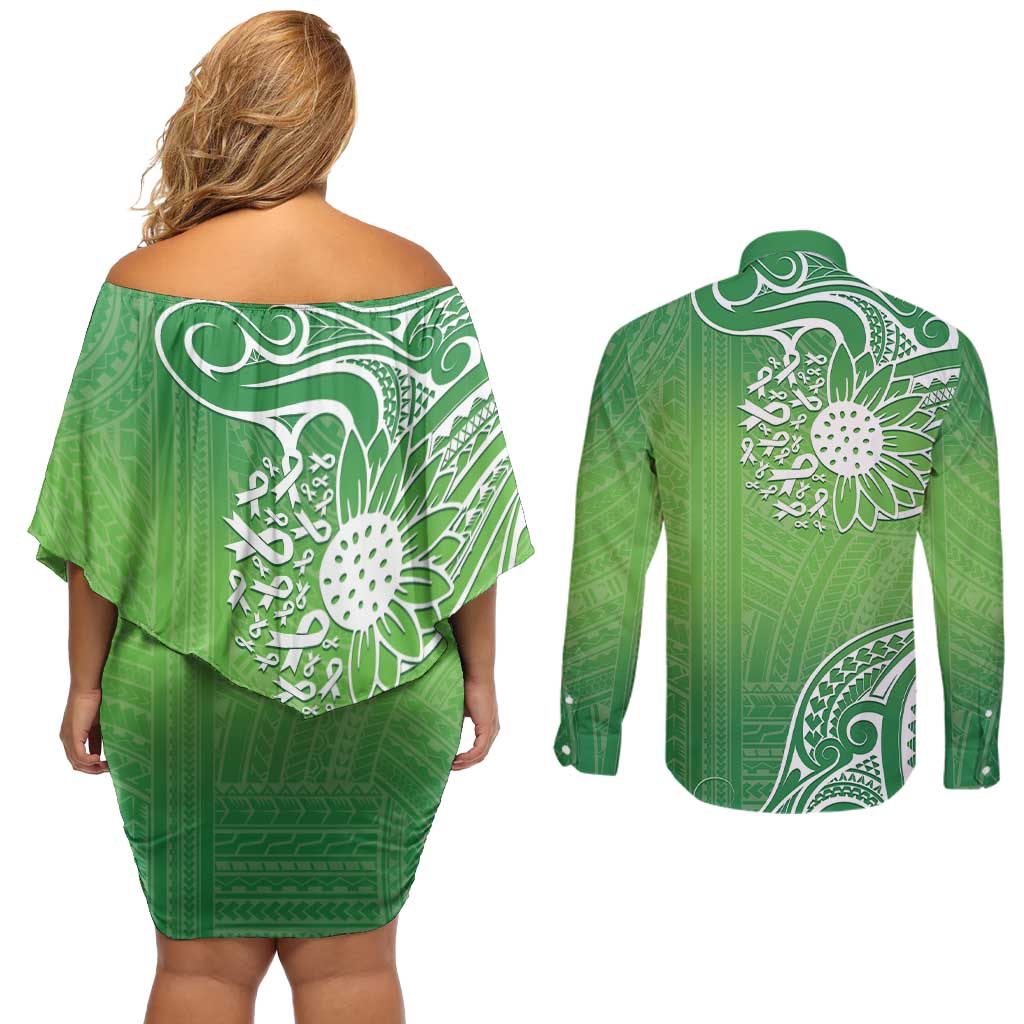 Polynesia Depression Awareness Couples Matching Off Shoulder Short Dress and Long Sleeve Button Shirt Sunflower Green Ribbons Polynesian Tattoo
