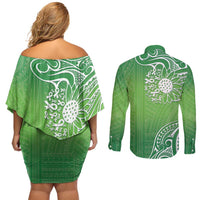 Polynesia Depression Awareness Couples Matching Off Shoulder Short Dress and Long Sleeve Button Shirt Sunflower Green Ribbons Polynesian Tattoo