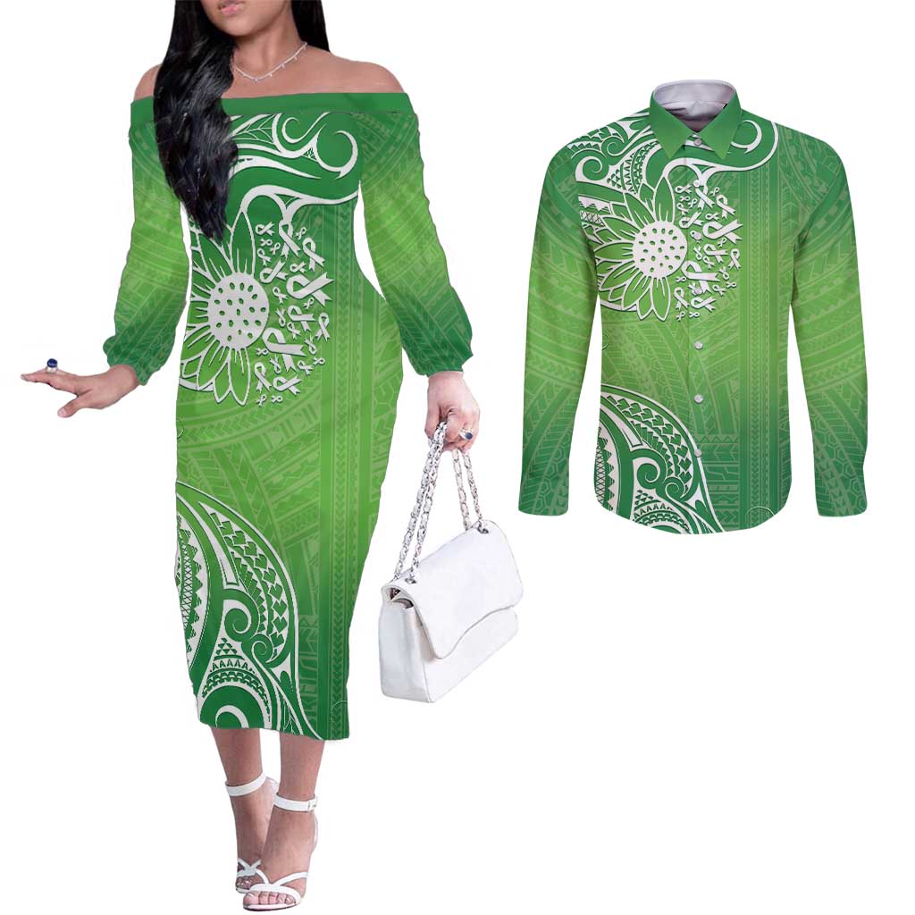 Polynesia Depression Awareness Couples Matching Off The Shoulder Long Sleeve Dress and Long Sleeve Button Shirt Sunflower Green Ribbons Polynesian Tattoo