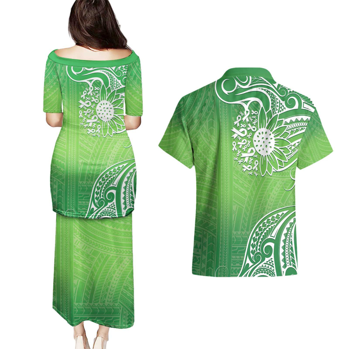 Polynesia Depression Awareness Couples Matching Puletasi and Hawaiian Shirt Sunflower Green Ribbons Polynesian Tattoo