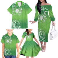 Polynesia Depression Awareness Family Matching Off The Shoulder Long Sleeve Dress and Hawaiian Shirt Sunflower Green Ribbons Polynesian Tattoo