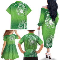 Polynesia Depression Awareness Family Matching Off The Shoulder Long Sleeve Dress and Hawaiian Shirt Sunflower Green Ribbons Polynesian Tattoo