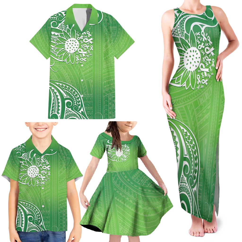 Polynesia Depression Awareness Family Matching Tank Maxi Dress and Hawaiian Shirt Sunflower Green Ribbons Polynesian Tattoo