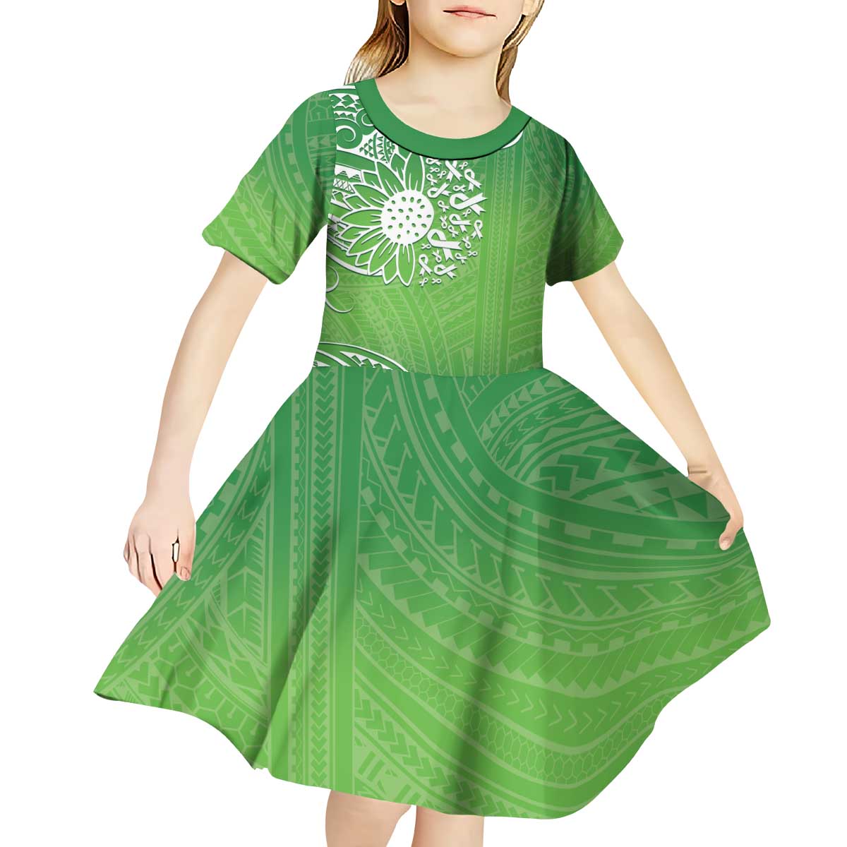 Polynesia Depression Awareness Kid Short Sleeve Dress Sunflower Green Ribbons Polynesian Tattoo