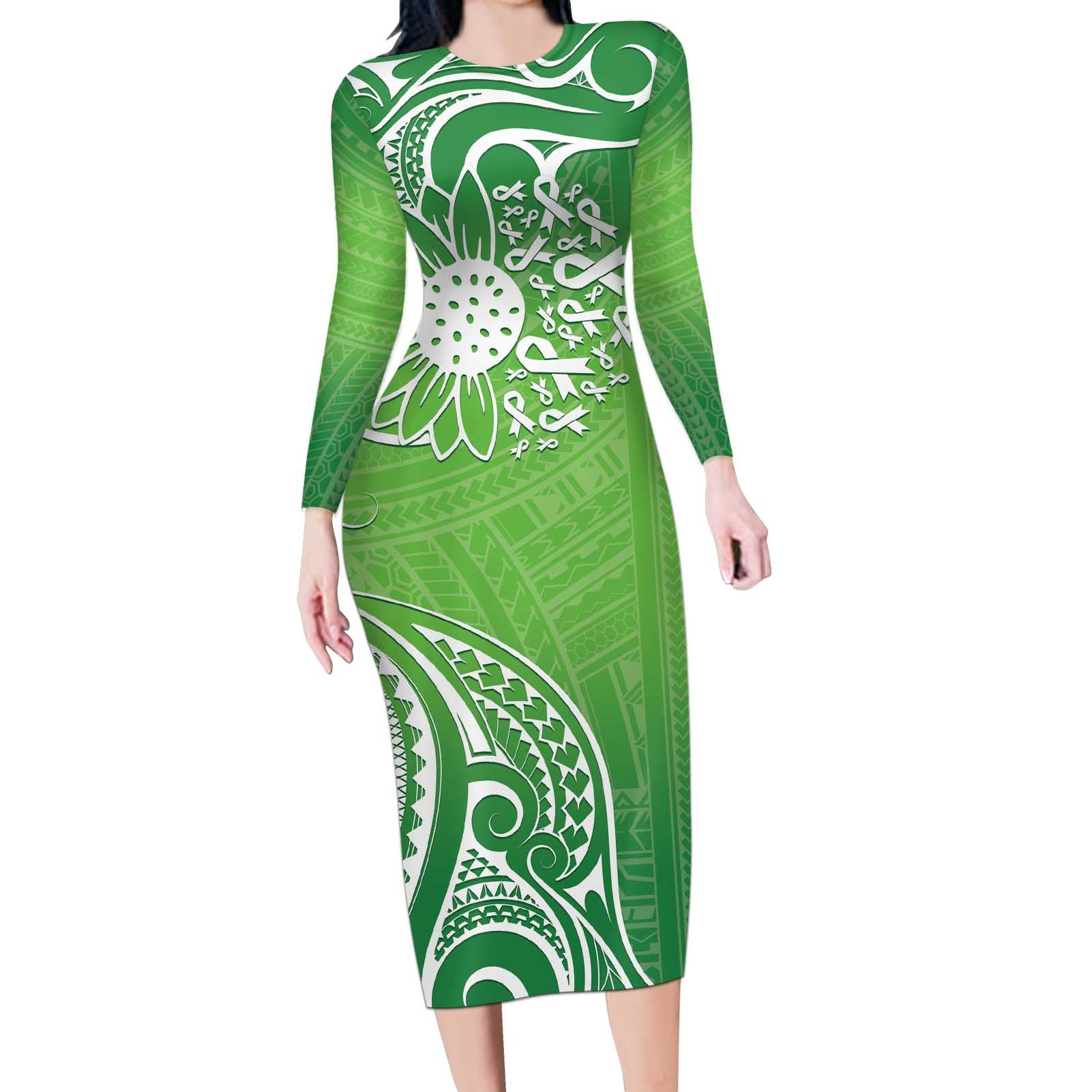 Polynesia Depression Awareness Long Sleeve Bodycon Dress Sunflower Green Ribbons Polynesian Tattoo
