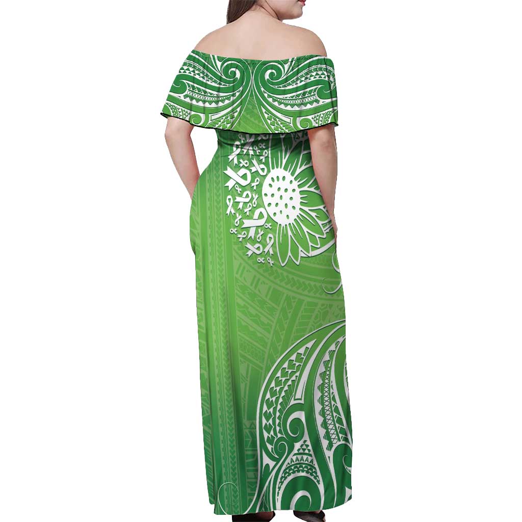 Polynesia Depression Awareness Off Shoulder Maxi Dress Sunflower Green Ribbons Polynesian Tattoo