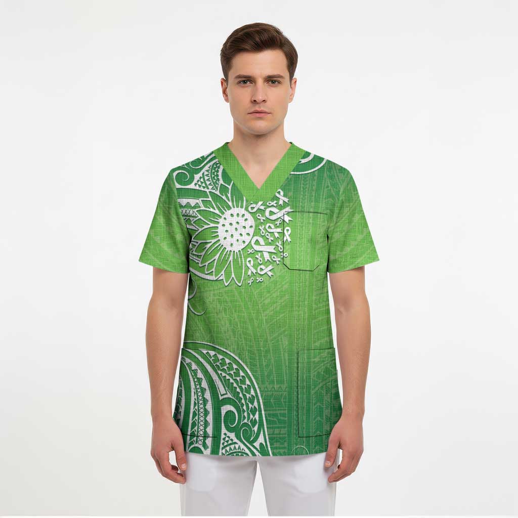 Polynesia Depression Awareness Scrub Top Sunflower Green Ribbons Polynesian Tattoo - Polynesian Pride