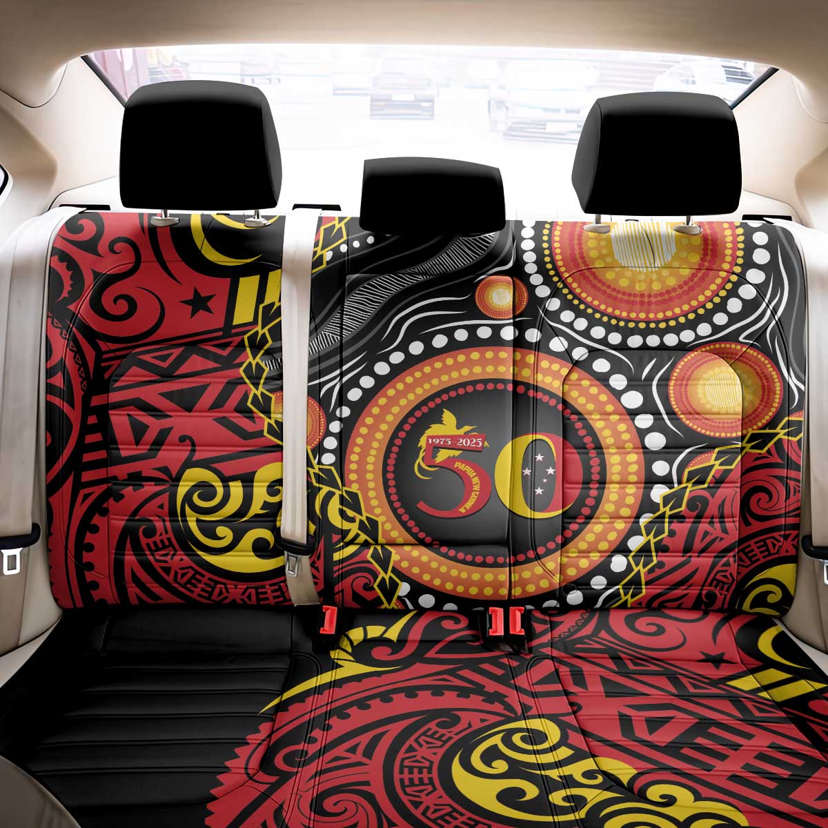 Celebrating 50 Years Papua New Guinea Back Car Seat Cover Aboriginal Mix Papuan Pattern LT14 - Polynesian Pride