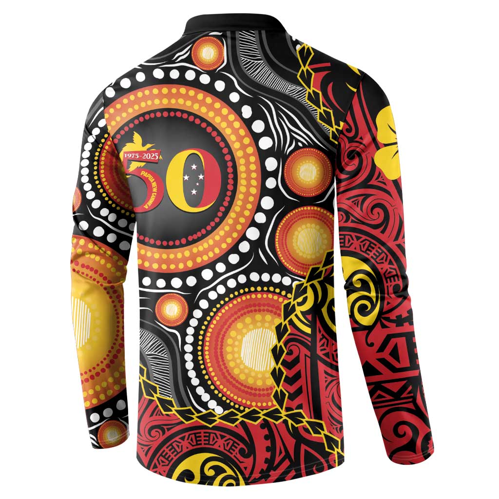 Celebrating 50 Years Papua New Guinea Button Sweatshirt Aboriginal Mix Papuan Pattern - Polynesian Pride
