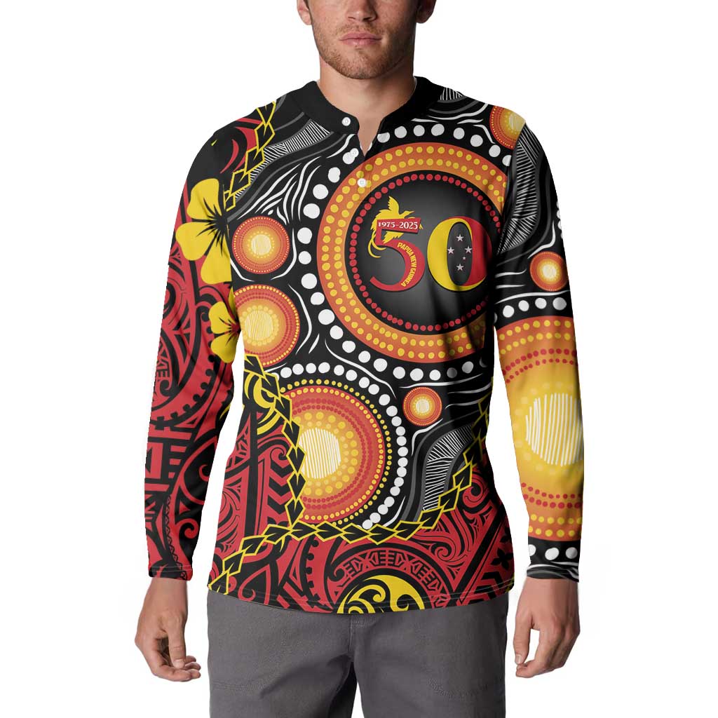 Celebrating 50 Years Papua New Guinea Button Sweatshirt Aboriginal Mix Papuan Pattern - Polynesian Pride