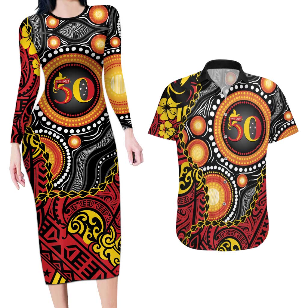 Celebrating 50 Years Papua New Guinea Couples Matching Long Sleeve Bodycon Dress and Hawaiian Shirt Aboriginal Mix Papuan Pattern - Polynesian Pride