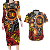 Celebrating 50 Years Papua New Guinea Couples Matching Long Sleeve Bodycon Dress and Hawaiian Shirt Aboriginal Mix Papuan Pattern - Polynesian Pride