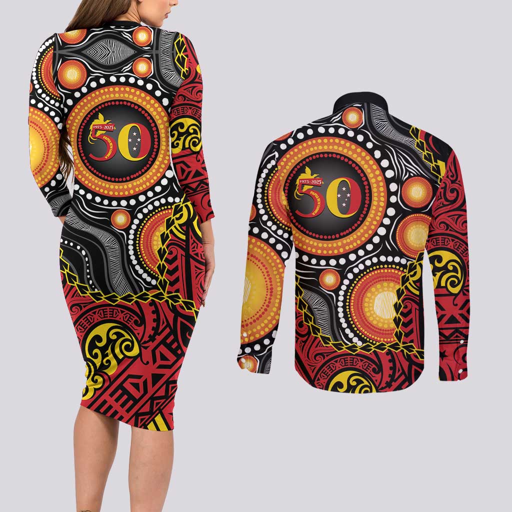 Celebrating 50 Years Papua New Guinea Couples Matching Long Sleeve Bodycon Dress and Long Sleeve Button Shirt Aboriginal Mix Papuan Pattern - Polynesian Pride