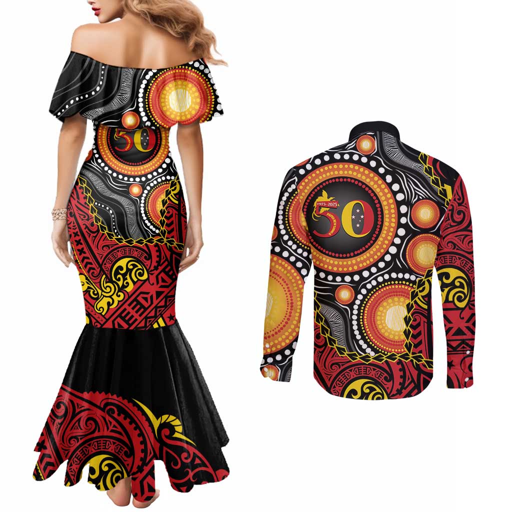 Celebrating 50 Years Papua New Guinea Couples Matching Mermaid Dress and Long Sleeve Button Shirt Aboriginal Mix Papuan Pattern - Polynesian Pride