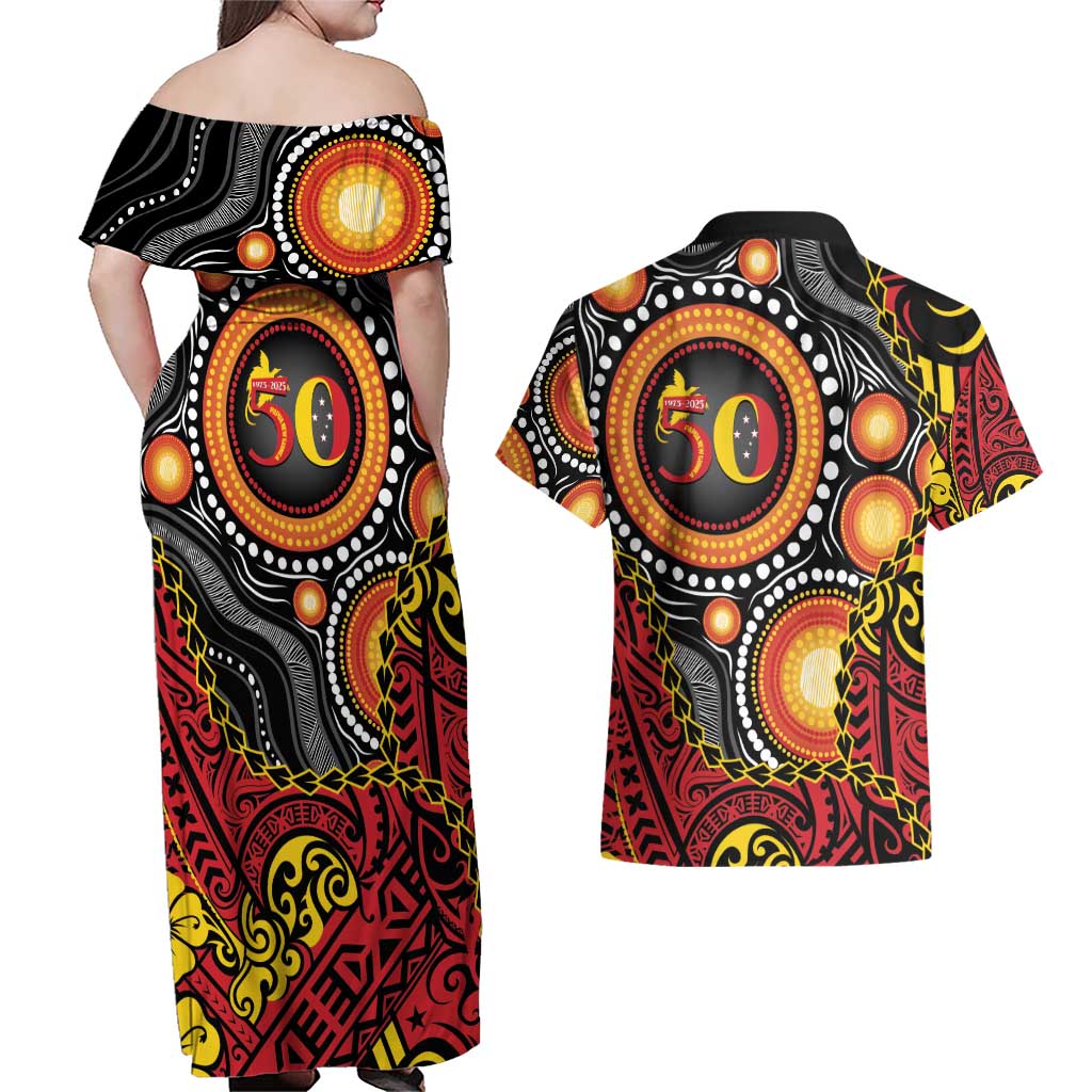 Celebrating 50 Years Papua New Guinea Couples Matching Off Shoulder Maxi Dress and Hawaiian Shirt Aboriginal Mix Papuan Pattern - Polynesian Pride
