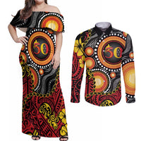 Celebrating 50 Years Papua New Guinea Couples Matching Off Shoulder Maxi Dress and Long Sleeve Button Shirt Aboriginal Mix Papuan Pattern - Polynesian Pride