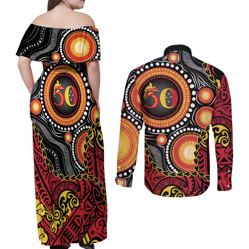 Celebrating 50 Years Papua New Guinea Couples Matching Off Shoulder Maxi Dress and Long Sleeve Button Shirt Aboriginal Mix Papuan Pattern - Polynesian Pride