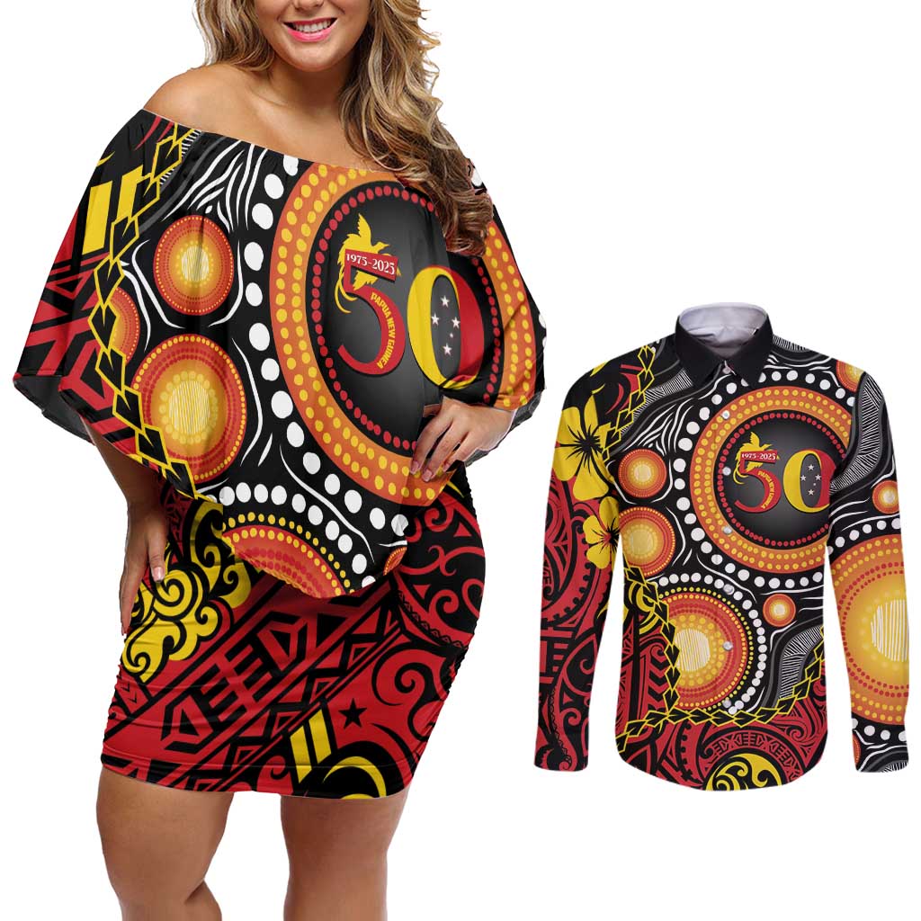 Celebrating 50 Years Papua New Guinea Couples Matching Off Shoulder Short Dress and Long Sleeve Button Shirt Aboriginal Mix Papuan Pattern - Polynesian Pride