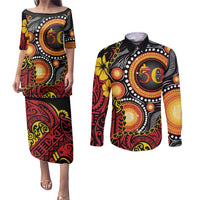 Celebrating 50 Years Papua New Guinea Couples Matching Puletasi and Long Sleeve Button Shirt Aboriginal Mix Papuan Pattern - Polynesian Pride