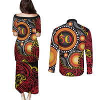 Celebrating 50 Years Papua New Guinea Couples Matching Puletasi and Long Sleeve Button Shirt Aboriginal Mix Papuan Pattern - Polynesian Pride
