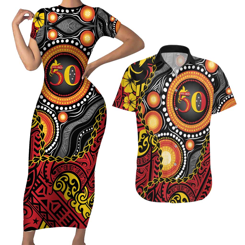 Celebrating 50 Years Papua New Guinea Couples Matching Short Sleeve Bodycon Dress and Hawaiian Shirt Aboriginal Mix Papuan Pattern - Polynesian Pride