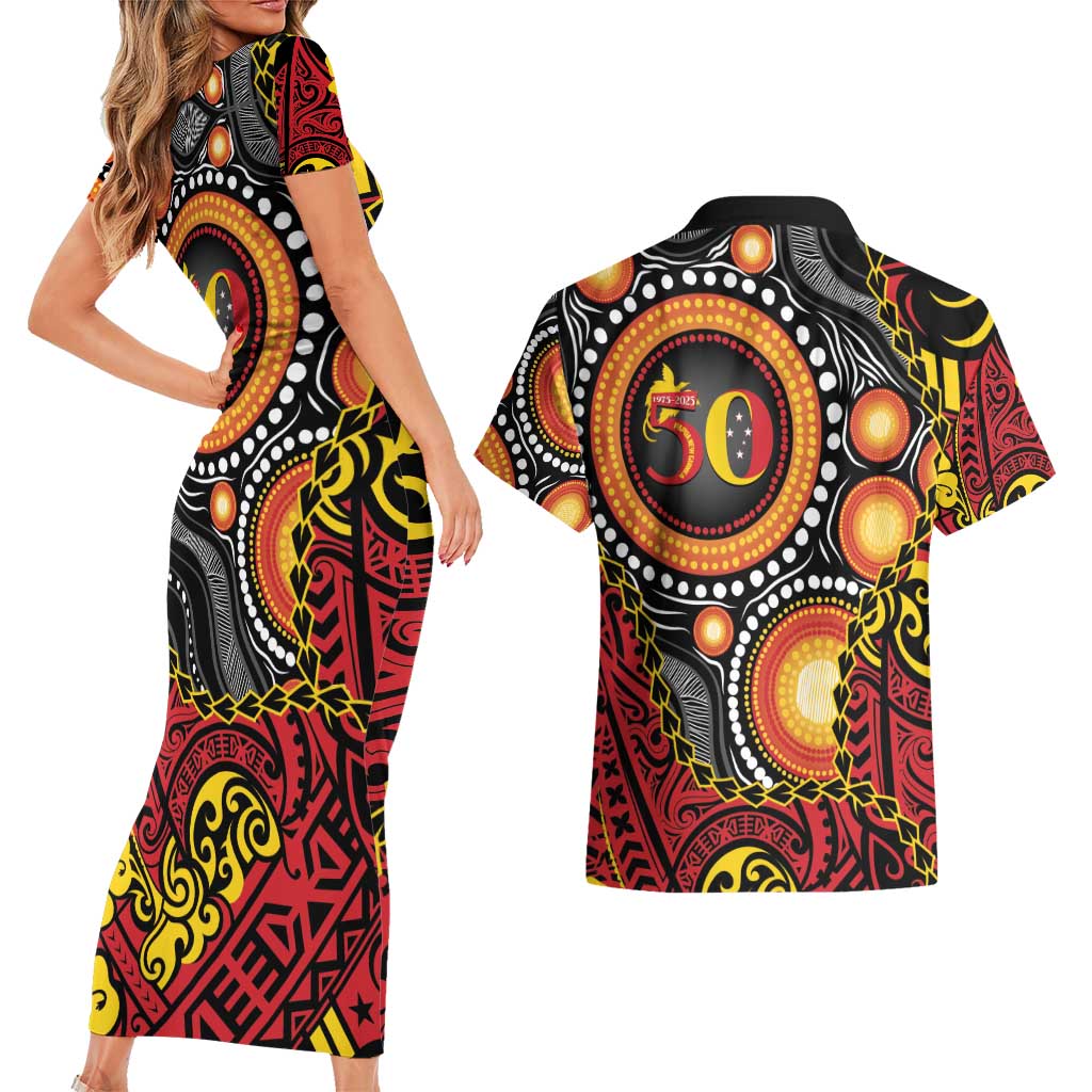 Celebrating 50 Years Papua New Guinea Couples Matching Short Sleeve Bodycon Dress and Hawaiian Shirt Aboriginal Mix Papuan Pattern - Polynesian Pride