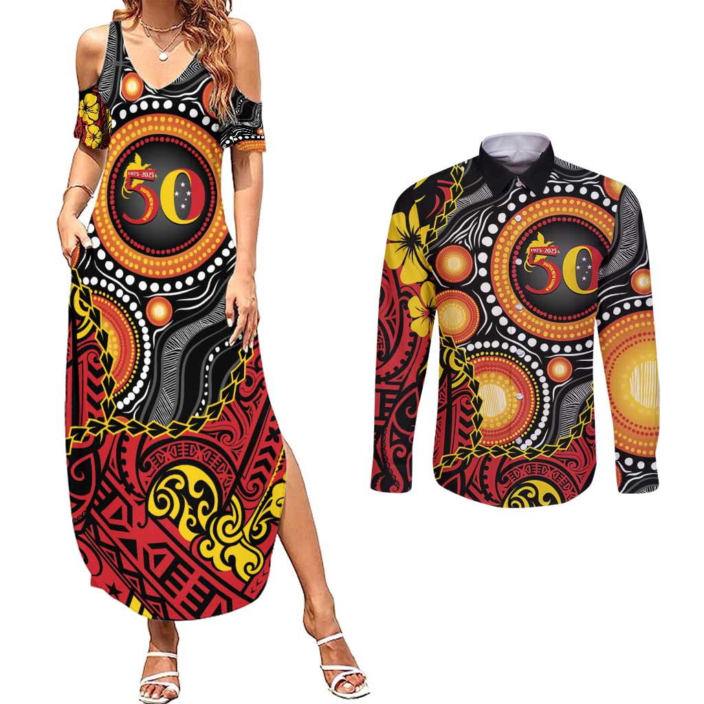 Celebrating 50 Years Papua New Guinea Couples Matching Summer Maxi Dress and Long Sleeve Button Shirt Aboriginal Mix Papuan Pattern - Polynesian Pride