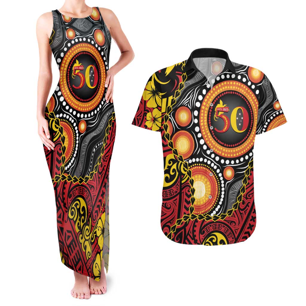 Celebrating 50 Years Papua New Guinea Couples Matching Tank Maxi Dress and Hawaiian Shirt Aboriginal Mix Papuan Pattern - Polynesian Pride