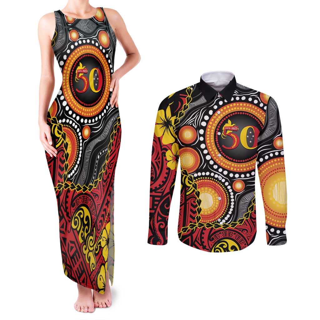 Celebrating 50 Years Papua New Guinea Couples Matching Tank Maxi Dress and Long Sleeve Button Shirt Aboriginal Mix Papuan Pattern - Polynesian Pride