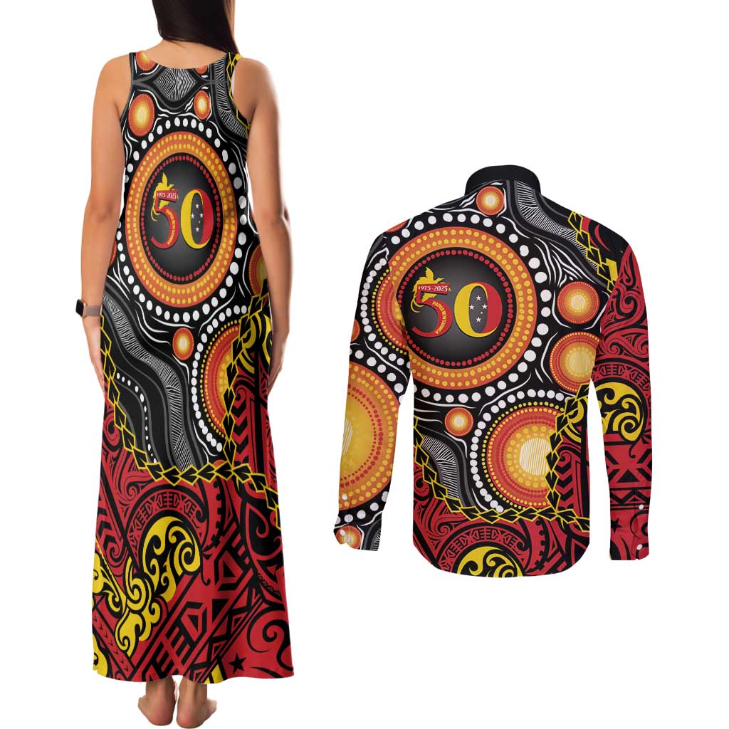 Celebrating 50 Years Papua New Guinea Couples Matching Tank Maxi Dress and Long Sleeve Button Shirt Aboriginal Mix Papuan Pattern - Polynesian Pride