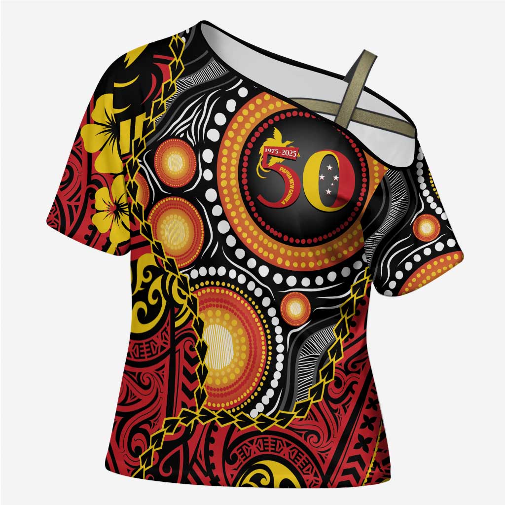 Celebrating 50 Years Papua New Guinea Cross Shoulder Shirt Aboriginal Mix Papuan Pattern - Polynesian Pride