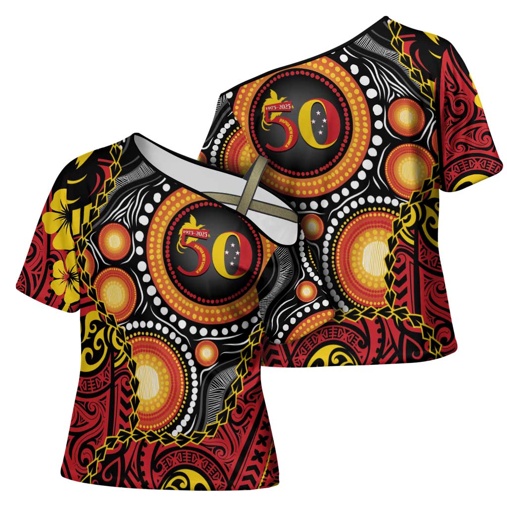 Celebrating 50 Years Papua New Guinea Cross Shoulder Shirt Aboriginal Mix Papuan Pattern - Polynesian Pride