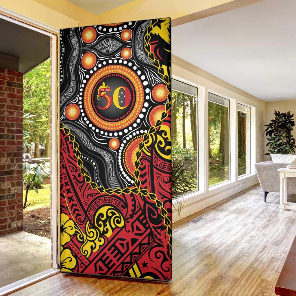 Celebrating 50 Years Papua New Guinea Door Cover Aboriginal Mix Papuan Pattern - Polynesian Pride