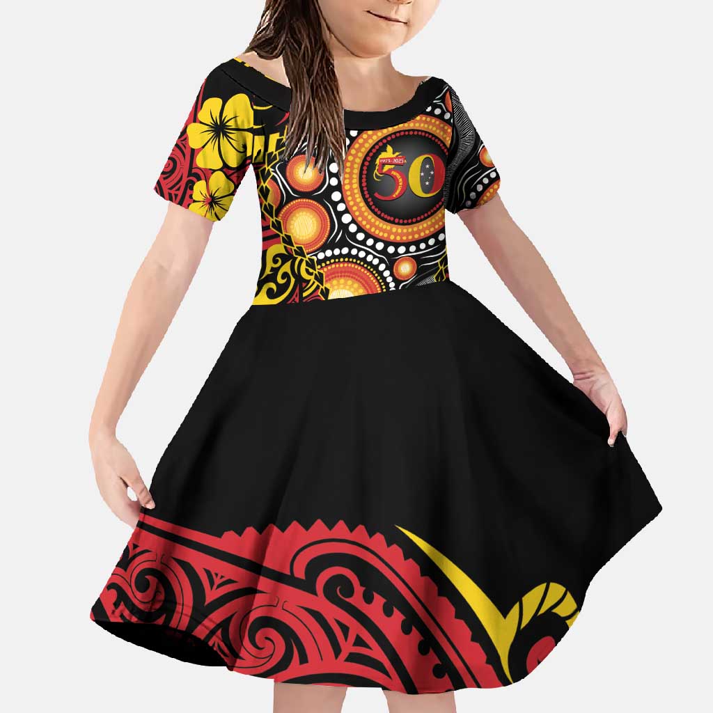 Celebrating 50 Years Papua New Guinea Family Matching Long Sleeve Bodycon Dress and Hawaiian Shirt Aboriginal Mix Papuan Pattern - Polynesian Pride