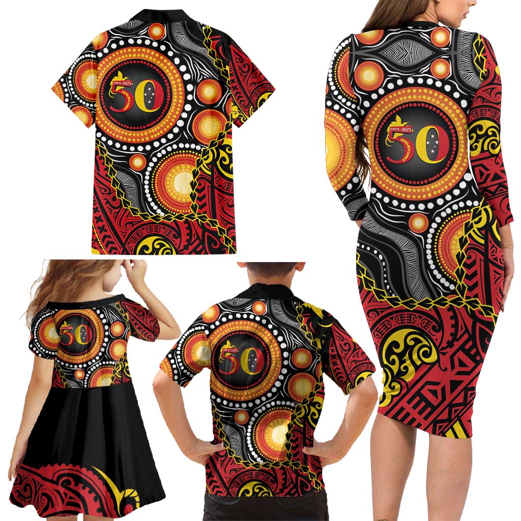 Celebrating 50 Years Papua New Guinea Family Matching Long Sleeve Bodycon Dress and Hawaiian Shirt Aboriginal Mix Papuan Pattern - Polynesian Pride