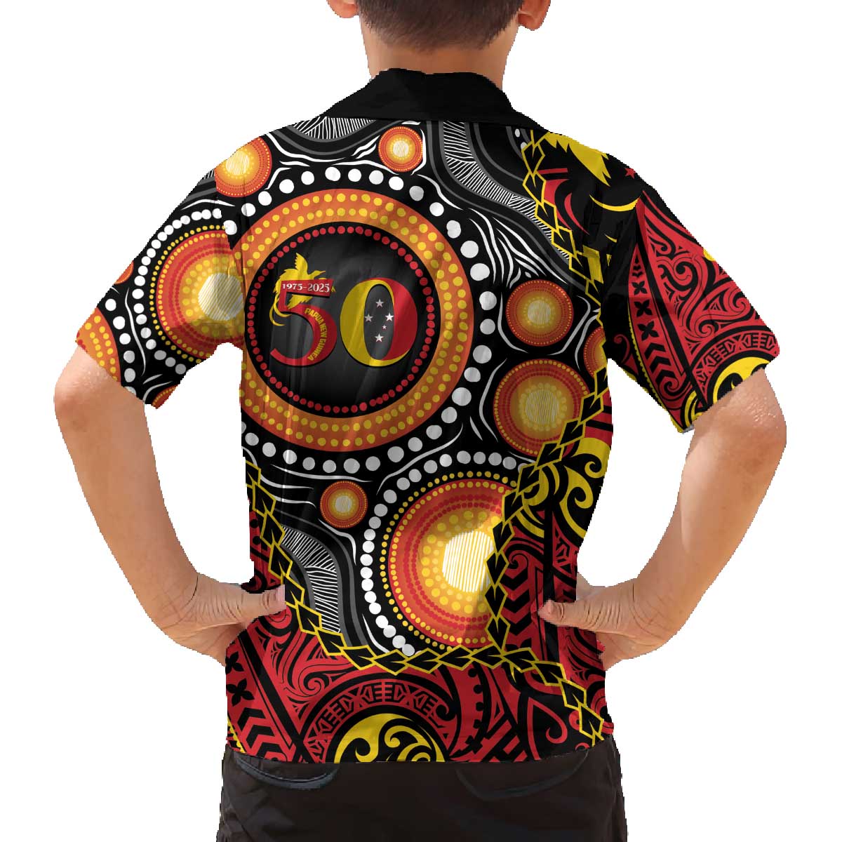 Celebrating 50 Years Papua New Guinea Family Matching Off The Shoulder Long Sleeve Dress and Hawaiian Shirt Aboriginal Mix Papuan Pattern - Polynesian Pride