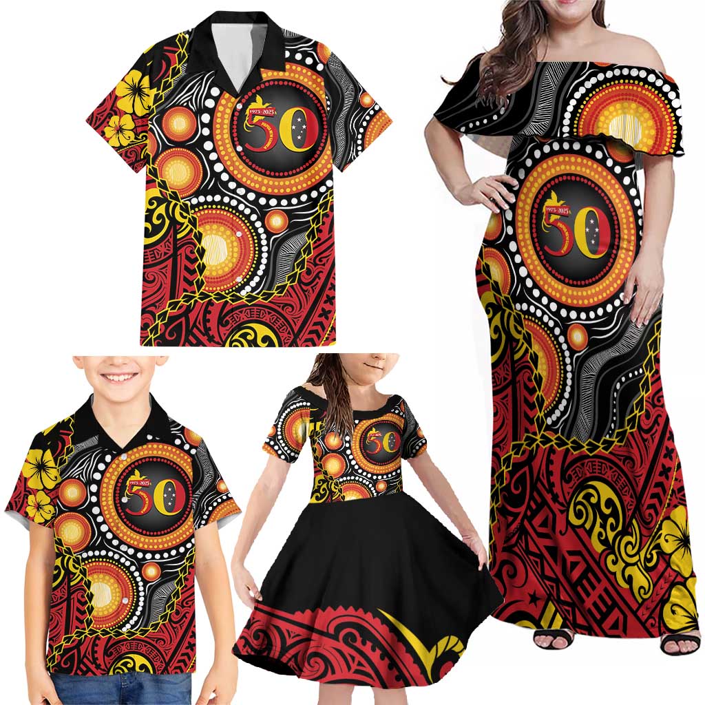 Celebrating 50 Years Papua New Guinea Family Matching Off Shoulder Maxi Dress and Hawaiian Shirt Aboriginal Mix Papuan Pattern - Polynesian Pride