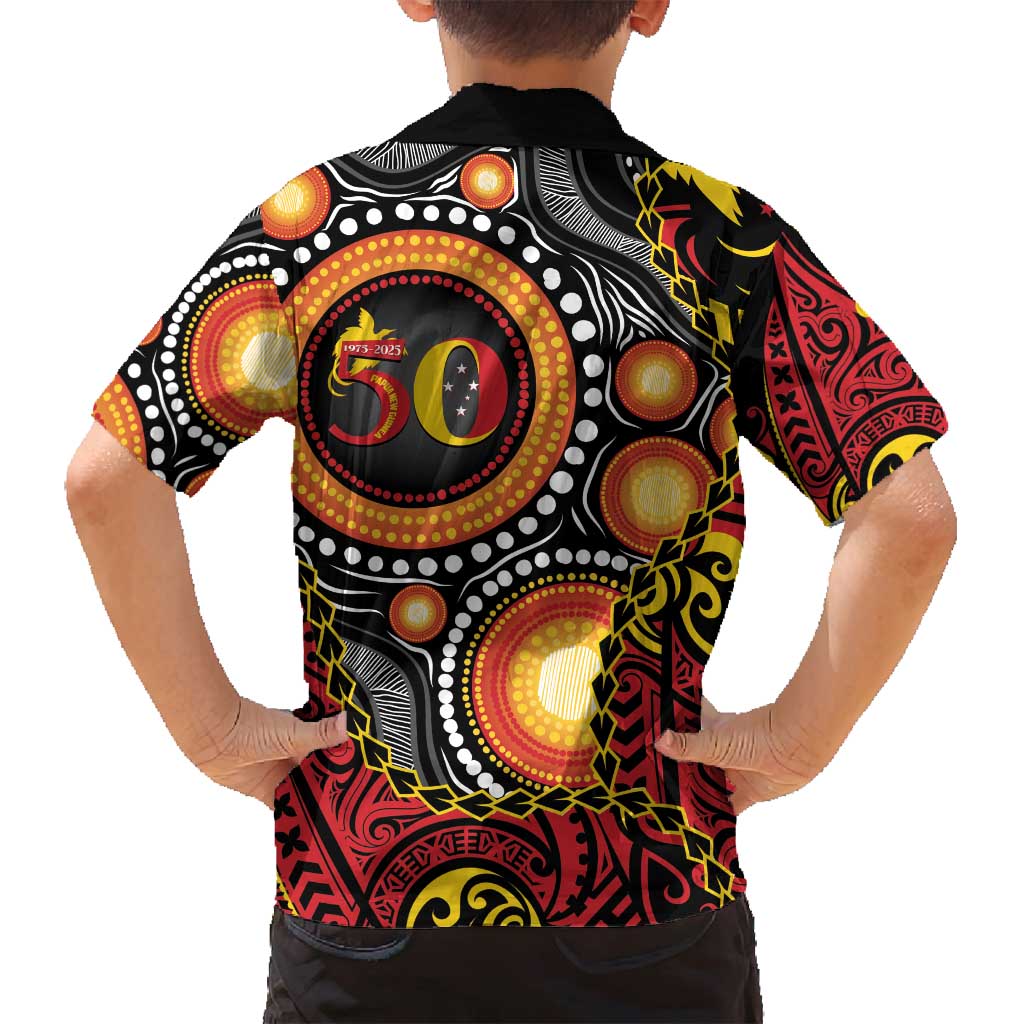Celebrating 50 Years Papua New Guinea Family Matching Off Shoulder Short Dress and Hawaiian Shirt Aboriginal Mix Papuan Pattern - Polynesian Pride