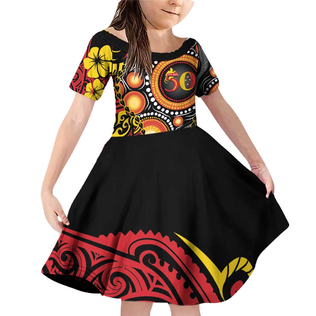 Celebrating 50 Years Papua New Guinea Family Matching Off Shoulder Short Dress and Hawaiian Shirt Aboriginal Mix Papuan Pattern - Polynesian Pride